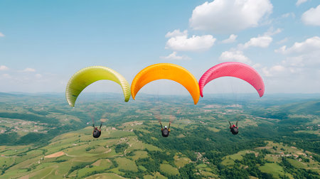 Three paragliders soar gracefully above verdant hills, their colorful canopies contrasting with the blue sky. The atmosphere radiates excitement and freedom in this stunning landscape.の素材