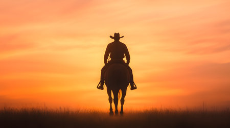 A lone rider on horseback appears against a vibrant sunset, surrounded by tall grass, evoking tranquility. The warm colors blend beautifully, creating a serene atmosphere.の素材
