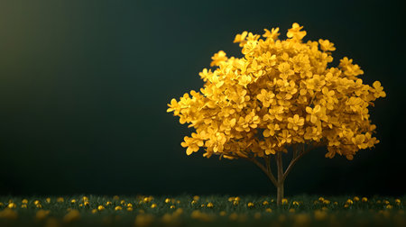 A striking golden tree filled with delicate blossoms stands resiliently against a dark green backdrop. The lush foliage below creates a tranquil atmosphere of beauty and calmness.の素材