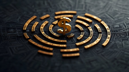 A mesmerizing golden maze with currency symbols arranged in circular patterns, set on a dark backdrop. The atmosphere conveys intrigue and wealth in a captivating design.の素材