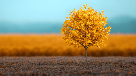 A solitary golden tree stands against a gradient background, featuring fields of orange and green. The serene atmosphere evokes feelings of peace and tranquility in nature's beauty.の素材