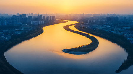A vibrant river glows golden at sunset, winding gracefully through a modern city, reflecting tranquility. The skyline silhouettes the horizon under a warm orange hue.の素材