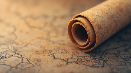 The image presents a close-up of an ancient scroll, revealing intricate maps and faded markings. The background appears subtly blurred, enhancing the scroll's rich, textured details.の素材