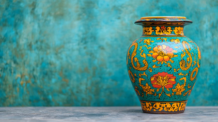 This ceramic vase showcases bold floral and snake designs in vibrant colors against a textured blue backdrop. The scene captures a sense of elegance and cultural richness, with a solid base.の素材
