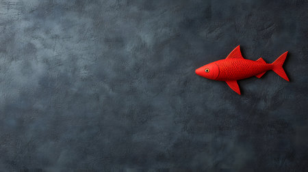 A vibrant red fish figurine rests against a dark, textured background. The colors contrast beautifully, creating an inviting atmosphere. The background appears solid and intricate.の素材