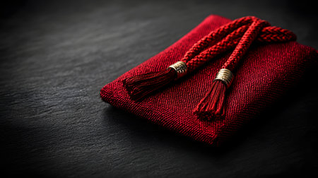 A rich red silk pouch with intricate texture and golden tassels, resting on a dark background. The atmosphere exudes elegance and cultural significance, often linked to prosperity.の素材