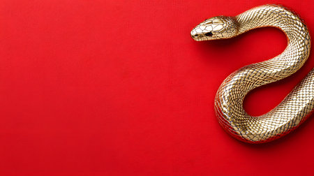 A striking golden snake-shaped ornament rests elegantly on a bold red fabric backdrop, creating a luxurious atmosphere. The vivid colors amplify its intricate design and cultural significance.の素材