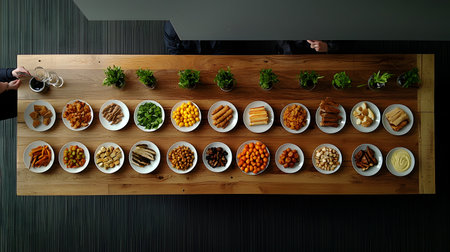 An overhead view of a wooden table featuring assorted dishes filled with colorful food options, surrounded by vibrant herbs in jars, creating a warm culinary atmosphere and inviting vibe.の素材