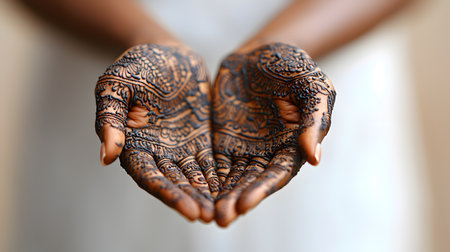 This close-up captures hands adorned with detailed henna patterns that symbolize tradition and celebration. The solid background emphasizes the stunning artistry of the designs.の素材