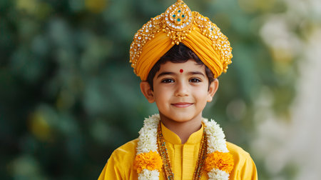 A cheerful young boy dressed in vibrant yellow attire and a decorative turban, adorned with flowers. The soft background adds to the festive ambiance, enhancing the joyful atmosphere.の素材