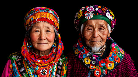 Two elderly individuals dressed in colorful ethnic attire sharing heartfelt tales, smiling warmly. The backdrop is solid black, highlighting their intricate garments and emotions.の素材