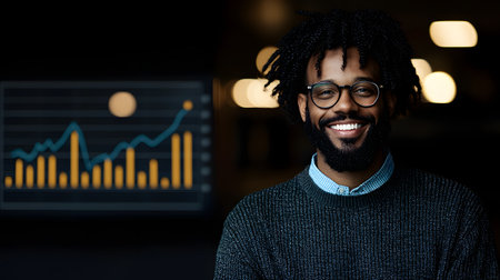 A joyful small business owner with glasses smiles at his laptop, showcasing analytics graphics behind him.の素材