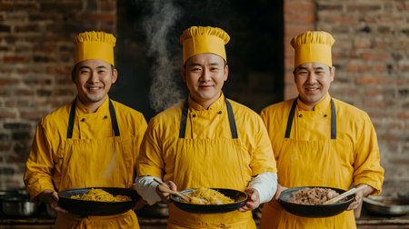 Three chefs in bright yellow attire hold steaming dishes of street food, exuding joy in a cozy kitchen setting with a rustic backdrop, filled with vibrant energy and warmth.の素材