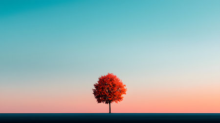 A solitary tree flaunting vibrant autumn foliage stands tall against a soothing gradient sky. The landscape evokes tranquility and peace, infusing a sense of calmness and reflection.の素材