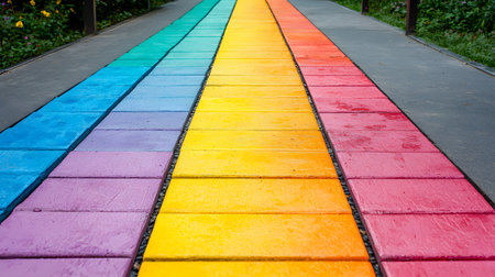 A striking rainbow-colored pathway leads through a lush urban park, exuding vibrancy and positivity. The background is solid with flowers, enhancing the enchanting atmosphere.の素材