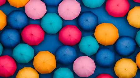 A vibrant overhead view of a colorful array of umbrellas forming a charming canopy against a blue background, creating an inviting atmosphere filled with joy and playfulness.の素材