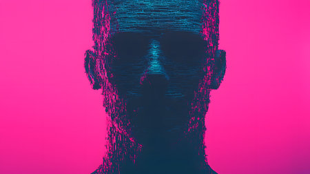 The image features a stylized digital human figure, intricately designed with vibrant textures against a pink background. The figure exudes a modern, tech-inspired atmosphere.の素材