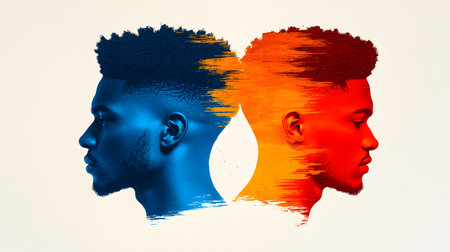 This image showcases two side profiles of men, one painted blue and the other orange, representing diversity. The background is solid and enhances the vibrant colors, evoking emotions.の素材