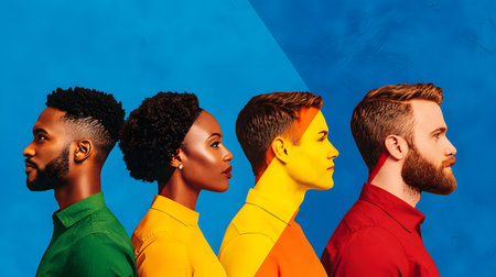 Four individuals showcase diverse ethnic features, in vivid colors, contrasting against a bright blue backdrop, creating a striking and dynamic visual representation of diversity.の素材