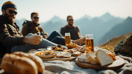 Friends enjoy a lively picnic on a grassy slope, savoring delicious foods and refreshing drinks, filled with laughter and warmth, with stunning mountains framing their joyful moment.の素材