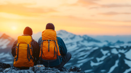 Two adventurers with bright backpacks watching a vibrant sunset over a scenic mountain landscape. Atmospheric, peaceful, with a sense of camaraderie and nature's beauty surrounding them.の素材