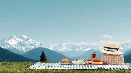A picturesque picnic setup featuring a basket, food, and a straw hat on a blue-checkered blanket. Surrounding stunning mountains. Calm and serene atmosphere evoking relaxation.の素材
