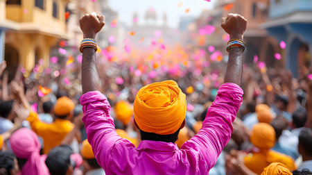 Amidst a lively crowd, a man in a pink shirt and orange turban raises his fist in celebration, surrounded by flowers and an energetic atmosphere, emphasizing community and joy.の素材