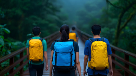 A group of diverse hikers, backpacks in vibrant colors, walk a wooden path in a lush forest. The atmosphere is serene, evoking camaraderie amidst natural beauty and foggy surroundings.の素材