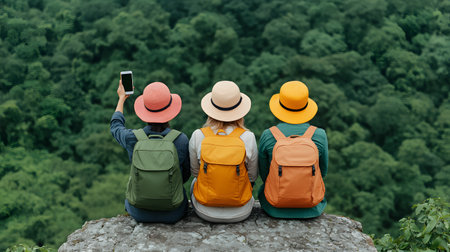 Three friends enjoying a scenic view, taking selfies beside a cliff, wearing vibrant hats, and backpacks. The lush green forest forms a beautiful backdrop, enhancing the adventurous mood.の素材