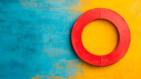 Red circle on a blue and yellow painted wall with copyspaceの素材
