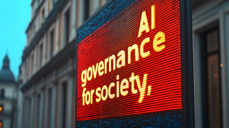 Colorful digital banners display the message 'AI governance for society' against a backdrop of buildings. The atmosphere is urban and modern, focusing on technology and community.の素材