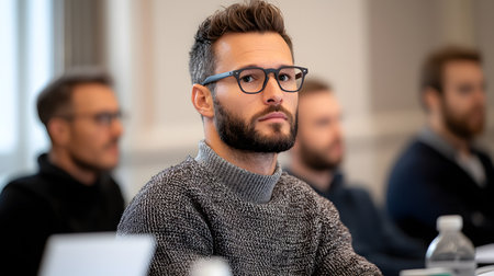 A man with glasses sits attentively in a seminar, exuding focus and contemplation amid peers. The background suggests a professional event environment, encouraging a serious tone.の素材