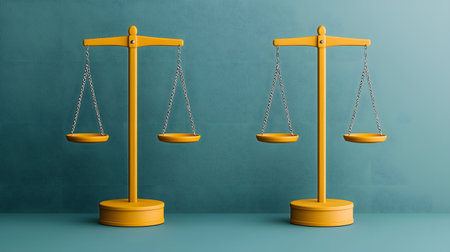 This image features two yellow scales symbolizing balance against a textured green background, illustrating fairness and justice while creating a calm, professional atmosphere.の素材