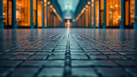 An empty shopping mall features a wet stone floor reflecting dim orange lights from the shops, creating a serene but haunting atmosphere. The background shows blurred store windows.の素材