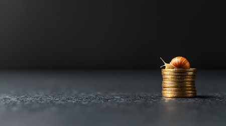 A snail gracefully crawls over a stack of golden coins against a dark, solid background, symbolizing slow progress and the value of patience in financial growth and life's journey.の素材