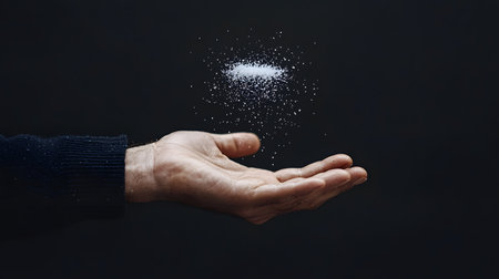 A close-up of a hand with salt grains suspended mid-air against a dark, textured background, capturing a fleeting moment with a sense of elegance and artistry, evoking wonder.の素材