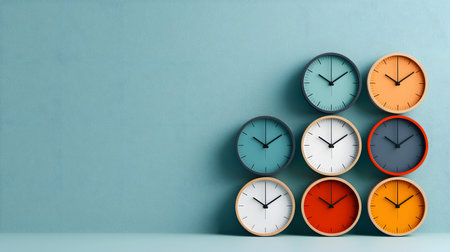 A pyramid arrangement of eight colorful clocks in various shades is set against a soft blue background. The clocks display different colors and styles, creating a vibrant atmosphere.の素材