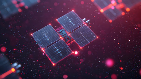 This captivating image features solar panels connected, glowing in vibrant hues, on a dark backdrop, embodying a futuristic atmosphere of advanced communication technology.の素材