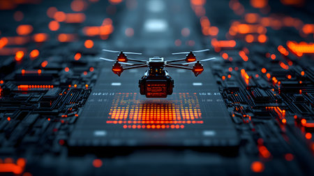 A sleek drone hovers above a complex electronic circuit board illuminated by bright orange lights. The atmosphere conveys a high-tech, futuristic vibe with intricate patterns.の素材