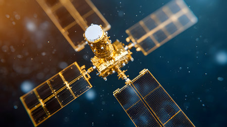 Communication satellite on a dark background. 3D illustration. Copy space.の素材