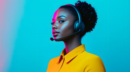 Beautiful african american woman with headset on blue background in neon lightの素材