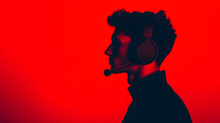 Side view of young man with headphones listening to music on red backgroundの素材