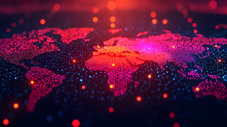 3d rendering of abstract digital world map with glowing particles and bokeh lightsの素材