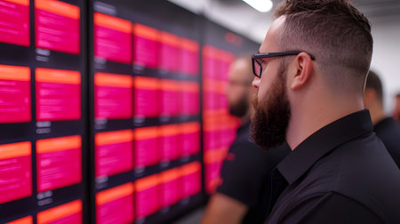 Portrait of a handsome young man with a beard standing in a server roomの素材