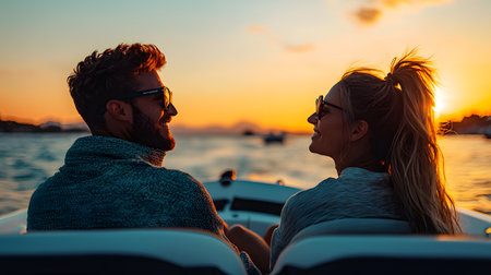 A young couple with sunglasses smiles joyfully at each other while enjoying a sunset boat ride on a lake, surrounded by serene waters and a vibrant sunset backdrop.の素材