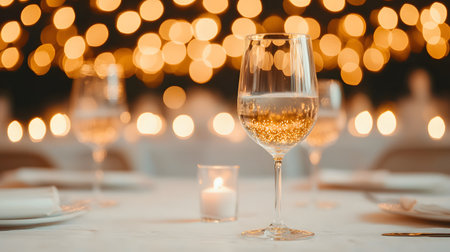 A beautifully set table with sparkling glasses and a lit candle. Warm bokeh lights create a cozy atmosphere.の素材