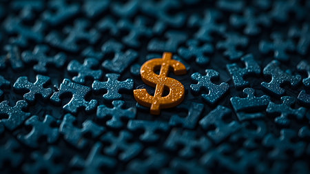 The image shows a bright dollar sign amidst dark-colored, incomplete puzzle pieces on a textured surface. The pieces create a mysterious and engaging atmosphere. Background is solid.の素材