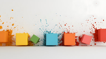 Five vibrant cubes in orange, yellow, green, blue, and red with splashes of paint create a lively scene. The cubes seem to emerge from the colorful paint against a subtle white backdrop.の素材