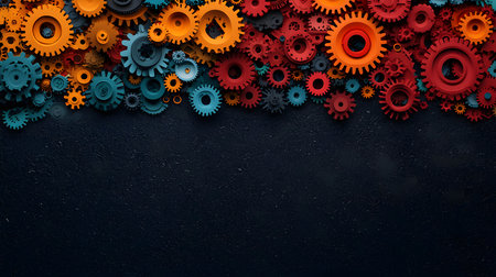 A stunning collection of colorful gears in red, orange, teal, and gray arranged atop a dark textured background. The layout is dynamic, showcasing intricate designs and details.の素材