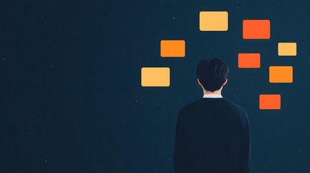 A person gazes at colorful idea icons floating in a dark background, suggesting creativity and inspiration. The atmosphere is contemplative, encouraging exploration of thoughts and concepts.の素材